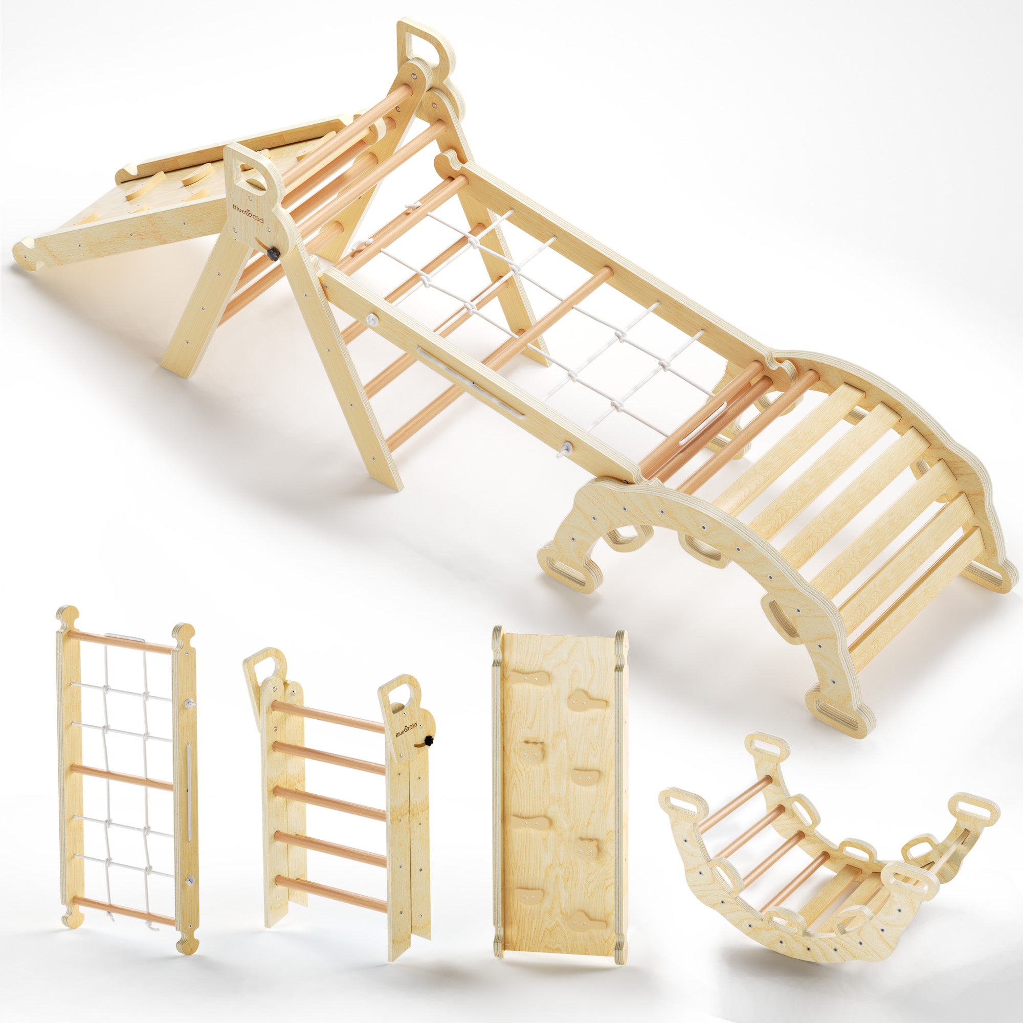 Escalera de cuerda Aurora-BlueWood®, juego de triángulos Pikler *Tono de madera natural